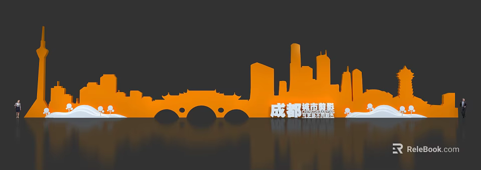 Chengdu Urban City Silhouette with Architectural Outline Bridge and Water Reflection 3d model 