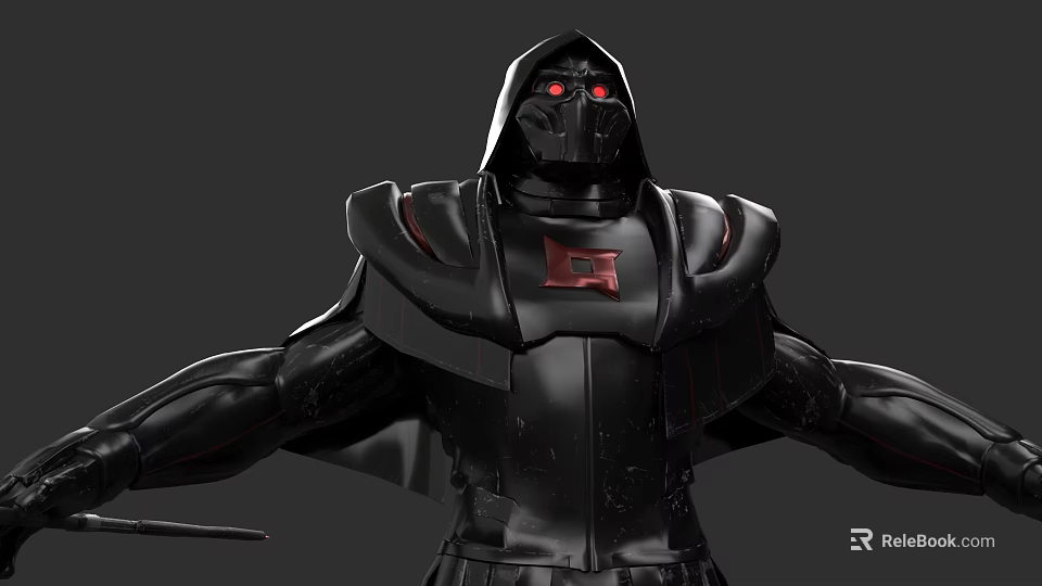 Hooded Game Movie Character In Black Armor With Red Glowing Eyes 3d model 