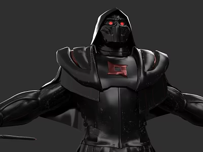 Hooded Game Movie Character In Black Armor With Red Glowing Eyes 3d model