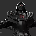 Hooded Game Movie Character In Black Armor With Red Glowing Eyes