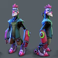 Colorful Robot Character With Pink Hair Blue Armor And Mechanical Parts In Multiple Views