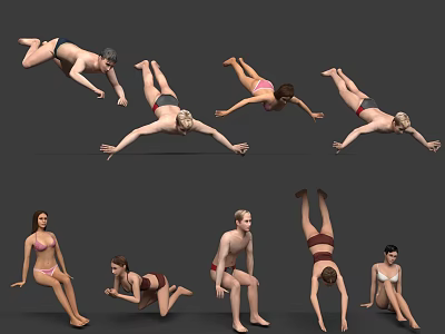Multiple People in Swimsuits Showing Lying Kneeling Handstand and Seated Poses 3d model