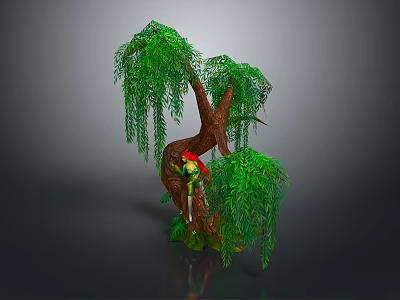 Weeping Willow Tree with Brown Trunk Green Hanging Branches and Colorful Parrot Perched 3d model