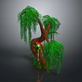 Weeping Willow Tree with Brown Trunk Green Hanging Branches and Colorful Parrot Perched