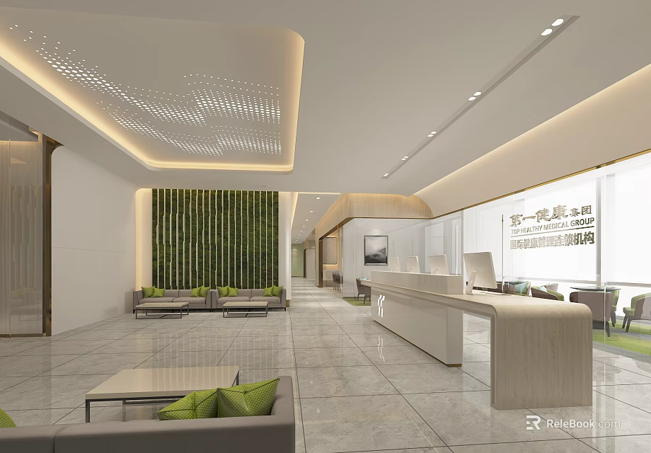 Modern Hospital Outpatient Clinic Interior With Reception Desk Waiting Area And Green Plant Wall 3d model 