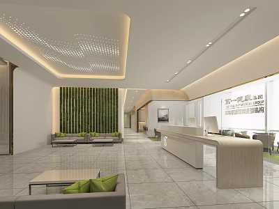 Modern Hospital Outpatient Clinic Interior With Reception Desk Waiting Area And Green Plant Wall 3d model