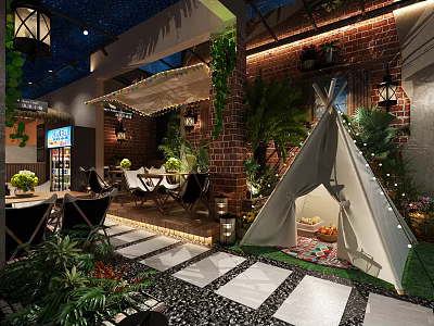 Garden Landscape With Teepee Tent Lush Green Plants Brick Wall String Lights And Outdoor Seating 3d model