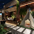 Garden Landscape With Teepee Tent Lush Green Plants Brick Wall String Lights And Outdoor Seating