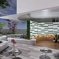 Modern Courtyard Garden Design With Green Living Wall Trees Flowers And Metal Decorative Elements