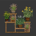 Multi Tiered Wooden Plant Stand With Colorful Potted Flowers And Green Plants