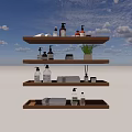 Daily Cleaning Essentials On Wooden Shelves With Bottles Soap Rolled Towels And Small Plant