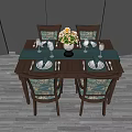 Wooden Dining Table Set With Upholstered Chairs Green Table Runner And Flower Centerpiece