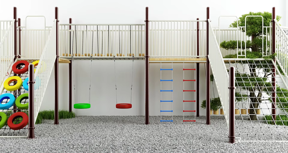Outdoor Playground Equipment With Two Tier Platform Green Red Swings Blue Red Climbing Ladders 3d model 
