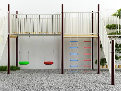 Outdoor Playground Equipment With Two Tier Platform Green Red Swings Blue Red Climbing Ladders 3d model