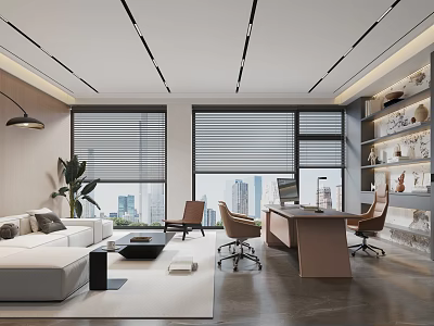 Modern Office Interior Design With Desk Chairs Sofa Plants And City View Blinds 3d model