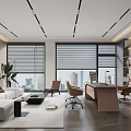 Modern Office Interior Design With Desk Chairs Sofa Plants And City View Blinds