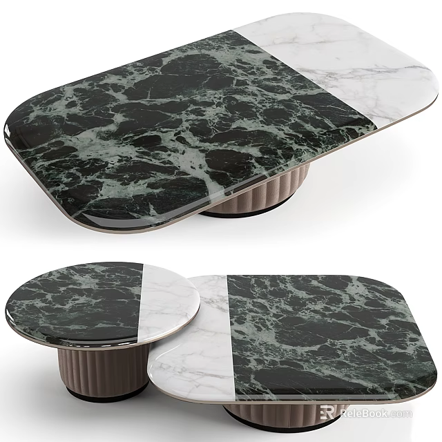 Modern Coffee Table With Black And White Marble Top And Brown Ribbed Base 3d model 