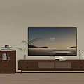 Wooden TV Stand with Drawers Grid Doors Bookshelf Books Plant on Wooden Floor Beige Wall