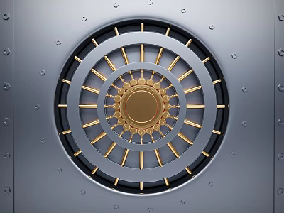 Secure Vault Door With Circular Golden Gear Center And Reinforced Metal Structure 3d model