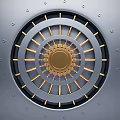 Secure Vault Door With Circular Golden Gear Center And Reinforced Metal Structure