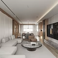 Modern Open Living and Dining Room With Wooden Table Pendant Lights TV Wall And Sofa
