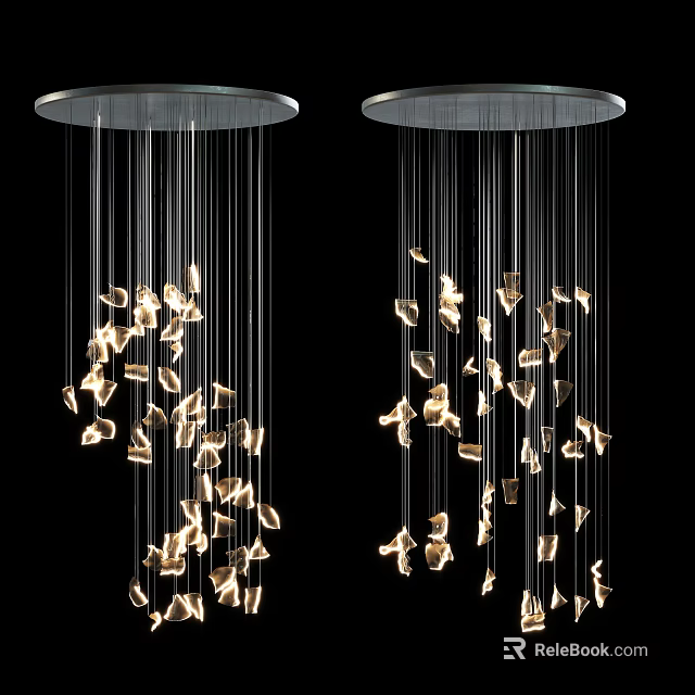 Modern Chandelier With Circular Base And Thin Wires Featuring Golden Sparkling Decorative Pieces 3d model 
