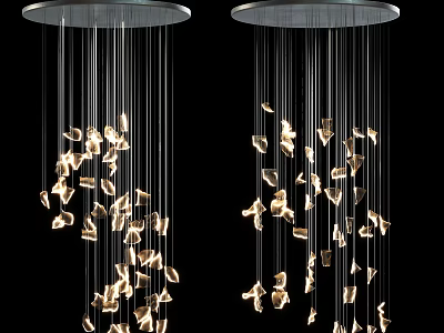 Modern Chandelier With Circular Base And Thin Wires Featuring Golden Sparkling Decorative Pieces 3d model
