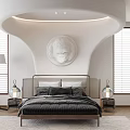 Minimalist Background Double Bed With White Curved Bedhead Circular Relief Side Windows And Bedside Lamps