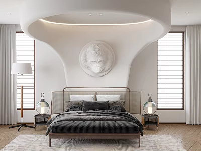 Minimalist Background Double Bed With White Curved Bedhead Circular Relief Side Windows And Bedside Lamps 3d model