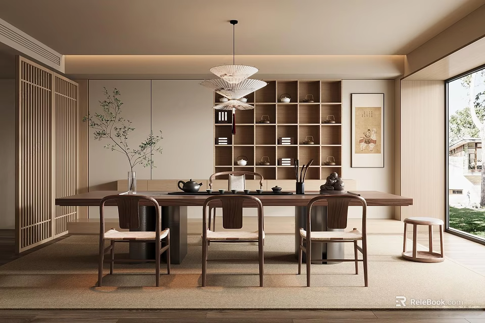Elegant Tea Room Interior With Long Wooden Table Chairs Shelves Tea Sets And Hanging Lamp 3d model