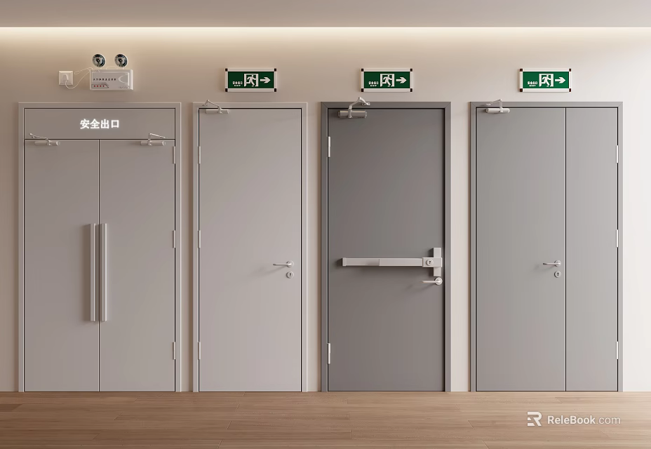 Different Types of Safety Exit Doors with Green Direction Signs in Hallway 3d model 