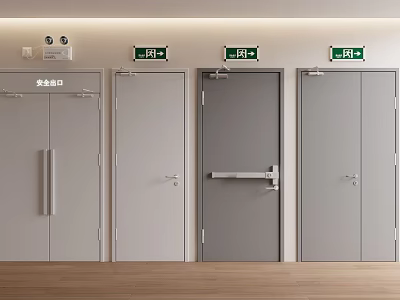 Different Types of Safety Exit Doors with Green Direction Signs in Hallway 3d model
