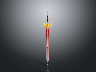 Ornate Decorative Sword with Red Blade and Golden Hilt Design Displayed on Gray Background 3d model