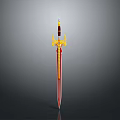 Ornate Decorative Sword with Red Blade and Golden Hilt Design Displayed on Gray Background