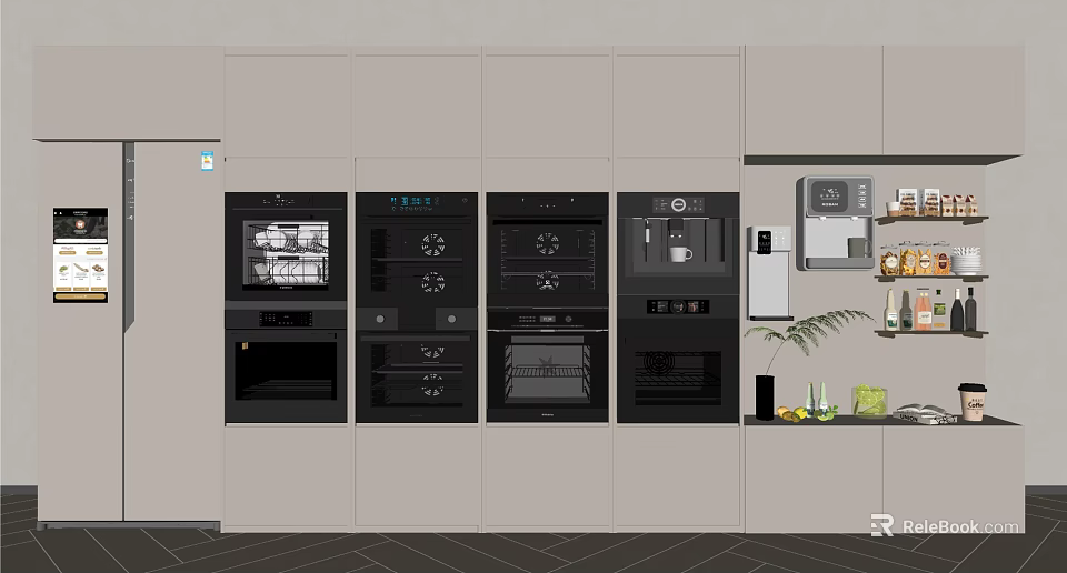 Modern Kitchen With Built In Multiple Appliances And Light Colored Cabinets 3d model
