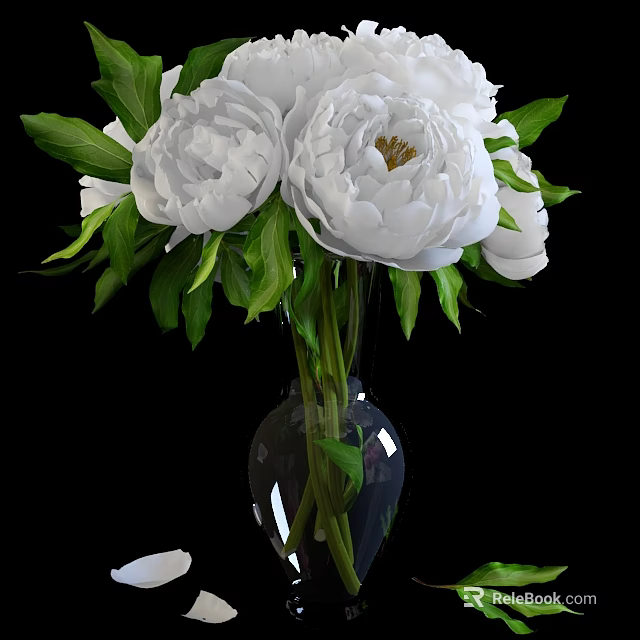Beautiful White Peonies In Transparent Glass Vase With Fresh Green Leaves 3d model 