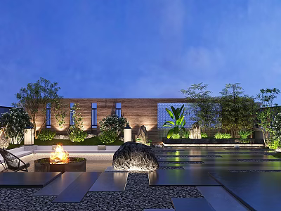 Nighttime Garden Landscape With Water Feature Fire Pit Stone Decorations Green Plants And Soft Lighting 3d model
