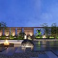 Nighttime Garden Landscape With Water Feature Fire Pit Stone Decorations Green Plants And Soft Lighting