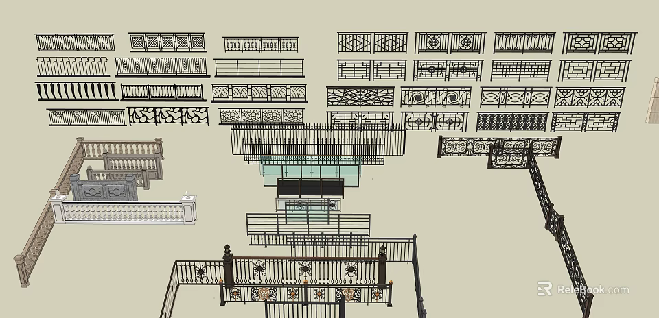 Various Decorative Railing Designs With Intricate Patterns For Architectural Applications 3d model