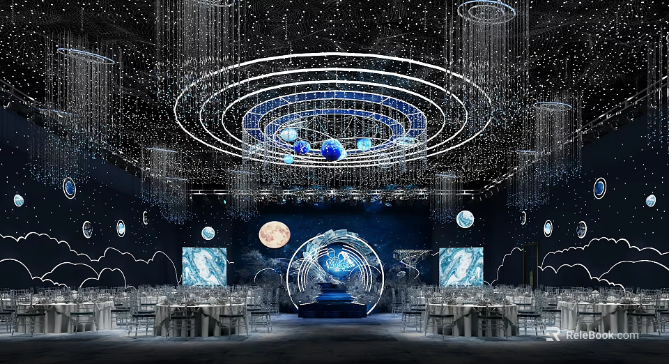 Modern Luxury Starry Sky Theme Banquet Hall With Starry Chandeliers Moon Decorations Round Stage Tables 3d model 