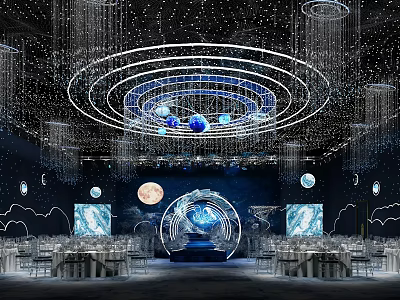 Modern Luxury Starry Sky Theme Banquet Hall With Starry Chandeliers Moon Decorations Round Stage Tables 3d model