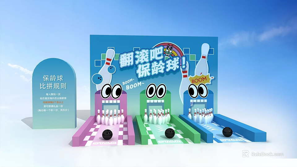 Interactive Area With Colorful Bowling Lanes Pins Balls And Fun Game Rules 3d model 