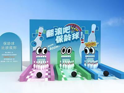 Interactive Area With Colorful Bowling Lanes Pins Balls And Fun Game Rules 3d model