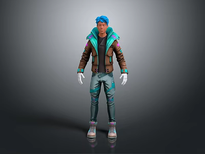 Blue Haired 3D Character Wearing Brown Jacket Green Lining Gray Pants White Gloves Pink Shoes 3d model