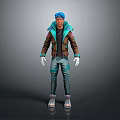 Blue Haired 3D Character Wearing Brown Jacket Green Lining Gray Pants White Gloves Pink Shoes