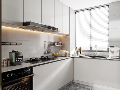 Modern Kitchen Interior Design With White Cabinets Gas Stove Oven Coffee Machine And Window Blinds 3d model