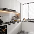 Modern Kitchen Interior Design With White Cabinets Gas Stove Oven Coffee Machine And Window Blinds