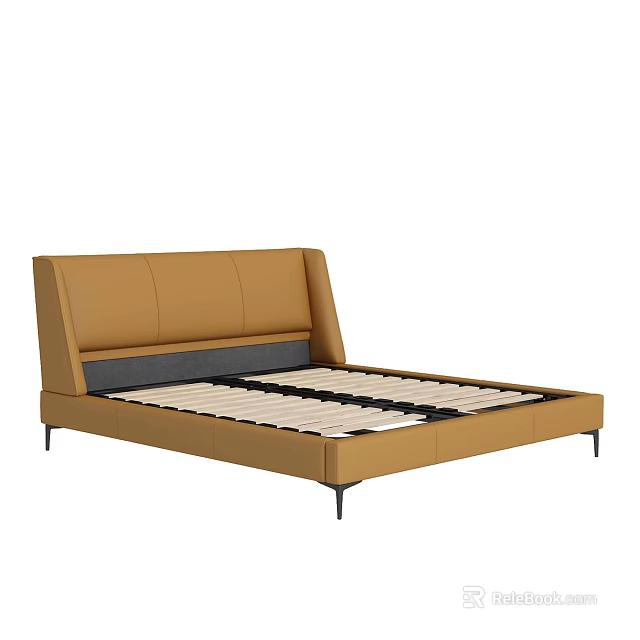 Modern Double Bed With Brown Leather Headboard Black Metal Legs And Slatted Base 3d model 