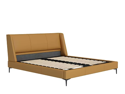Modern Double Bed With Brown Leather Headboard Black Metal Legs And Slatted Base 3d model