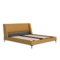 Modern Double Bed With Brown Leather Headboard Black Metal Legs And Slatted Base